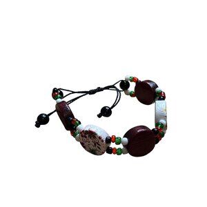 Handmade Adjustable Beaded Bracelet Wooden & Plastic Accents Floral Multicolor